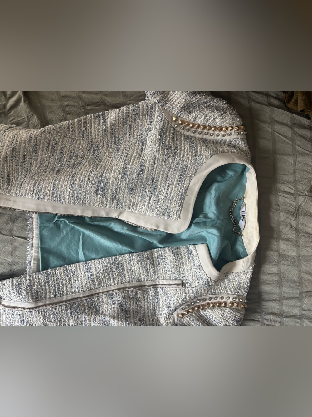 Chic Tweed Moto Jacket – Blue & Cream Textured with Stud Detail